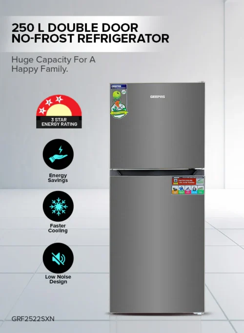 GEEPAS 250 L GROSS | 180 L NET NO‑FROST DOUBLE‑DOOR REFRIGERATOR | MODEL GRF2522SXN